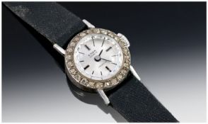 Ladies Silver Cocktail Wristwatch, Marked Emka Geneve,  Leather Strap