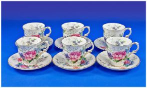 Crown Staffordshire Bone China Set Of Six Cups & Saucers. Printed marks for 1930`s. `Peony` floral