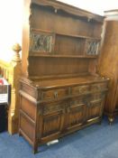 Old Charm Solid Oak Dresser with Rack, the rack with an overhanging moulded cornice, with a shelf