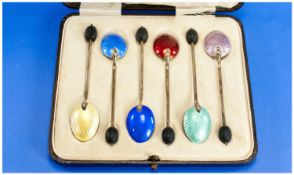 Art Deco Silver And Enamel Set Of Six Coffee Spoons, boxed. Various colours. Hallmark Birmingham