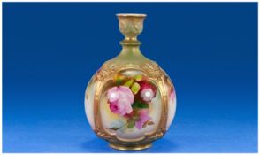 Royal Worcester Hand Painted Global Shaped Vase, Date 1911. Roses within gold borders. Height 6.