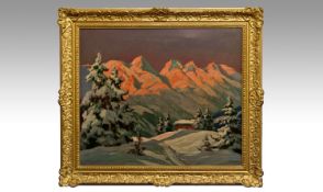 Gerson (Austrian Artist) Oil on Canvas. Mountain Alpine Scene. Signed lower right. Gilt Frame. 20 by