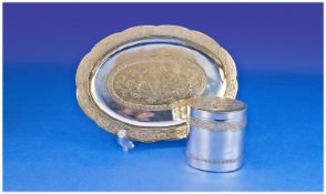 An Oval Vietnamese Silver Plated Tray with a similar oval box (pull off lid) - both traditionally