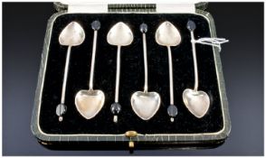 Cased Set Of Six Silver Coffee Spoons, With Heart Shaped Bowls, The Stems With Coffee Bean