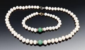 Fresh Water Pearl Bracelet & Necklace Set, Set With Two Jade Coloured Spacers.