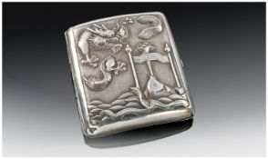 Silver Chinese Export Cigarette Case, The Hinged Front With Repousse Work Showing A Carp, Dragon And