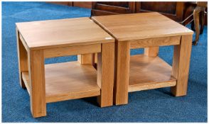 Pair of Contemporary Solid Oak Coffee Tables, of square two tier form, raised on square legs,