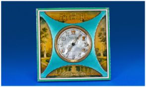 Mappin and Webb - Fine Silver and Turquoise Enamel Strut Clock. 8 Day Movement with Mother of