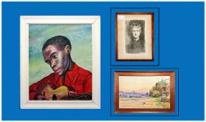 Framed Oil on Board, `African Boy Playing A Guitar`. Signed and dated lower left J Osborn 1952. 15