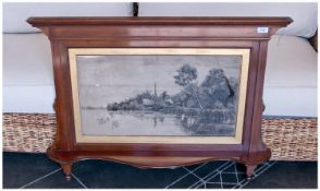 Victorian - Good Quality Mahogany Framed Black and White Etching, Mounted Behind Glass. River Scene.