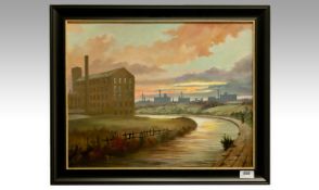Steven Scholes 1952 - Titled `Mill by the Canal` Sunset, no 93103. Oil on board signed titled to