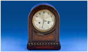 Edwardian Oak Cased Dome Shaped Mantel Clock, 8 day striking movement, 3 gongs. Stands 12 inches