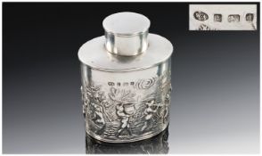 Edwardian Silver Tea Caddy, By William Aitken Of Cylindrical Form The Body Embossed With