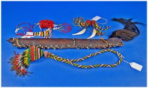 Collection of Ethnic Beaded Items comprising long wooden handled knife in rectangular leather sheath