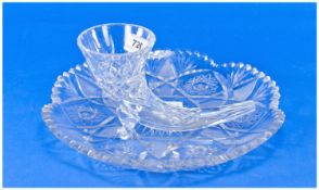 Large Cut Glass Circular Tray, with elaborate cut base, Together with a shaped horn shaped vase with