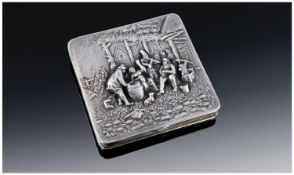 A European Fine Silver Square Shaped Compact. The cover decorated in high relief / repouse work. 2