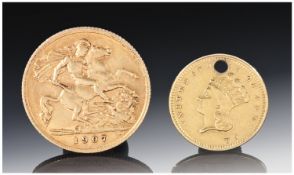 1907 Gold Half Sovereign, Together With an 1856 1 Dollar Gold Coin (Holed)