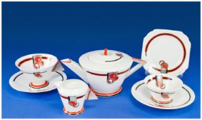 Shelley Art Deco Singles Teapot Cup & 2 saucers, Milk Jug, Sugar Bowl & Plate. Pattern number 11879.