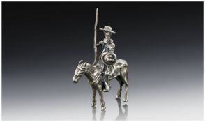 An Unusual Sterling Silver Novelty Model of Don Quixote on Horseback, marked ``Chris 925``. 2.5