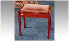 Modern Mahogany Piano Stool, padded seat, lifting up to reveal manuscript storage compartment,