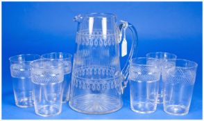 Early 20th Century Clear Glass Lemonade Set comprising conical shaped jug with etching to top and