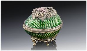 Brass Enamelled Egg Casket, Raised On Four Scroll Feet.