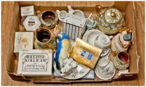 Box of Assorted Items, including coffee pot, tea pot, sugar bowl, various Beatrix Potter ceramics