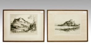 Two Framed Black and White Etchings by Albany E Howard. 1. Stirling 2. Bamborough, Northumberland.