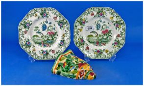 Pair of Early 19th Century Spode Octagonal Plates and a Beswick Wall Pocket, to each plate a green