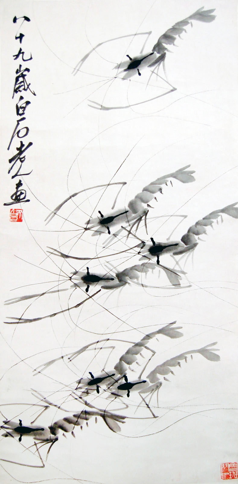 ???(1864 - 1957)???????????: ???????????:(???)(????)Qi BaishiShrimpsHanging Scroll, Ink on