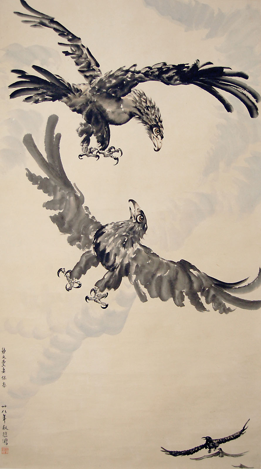 ???(1895 - 1953)????????????1929 ????: ?????? ????????:(???)Xu BeihongHawks in FlightHanging Scroll,