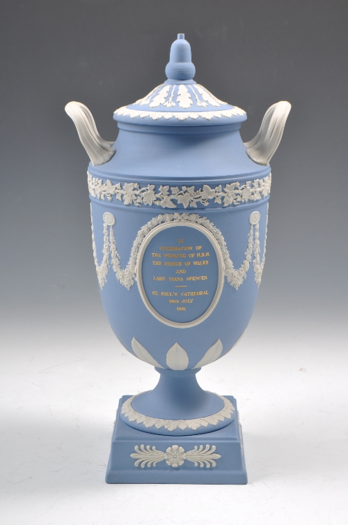 A Wedgwood Blue Jasperware, campana shaped commemorative vase IN CELEBRATION OF THE WEDDING OF H.R.H
