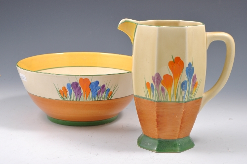 Three Clarice Cliff Bizarre graduating jugs, of octagonal form, crocus pattern, 20cm and smaller and