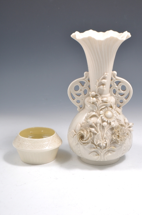 Belleek Porcelain vase, ivory coloured, encrusted with flowers, 24cm and a Belleek posy bowl (2)