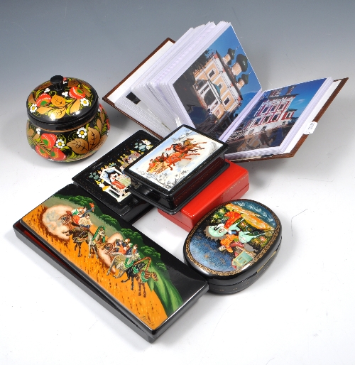 Russian black lacquered box, Fedoskino, painted  lid, with a troika, 22cms, and other Russian