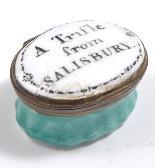 Staffordshire oval enamel box, "A Trifle From Salisbury", width 4cm