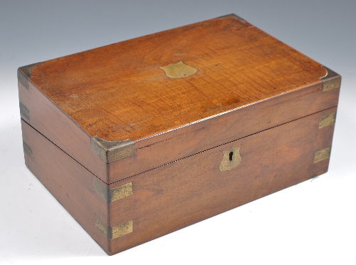 Victorian walnut writing box, brass angles, slope front part fitted interior, width 30cms and