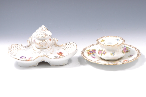 "Meissen" porcelain encrier of Rococo shape, floral decoration, width 20cm and Dresden porcelain ink