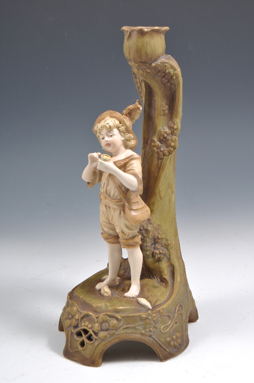 Turn Vienna figural candlestick, Ernst Wahliss, model with a boy, Art Nouveau decoration, No. 4603/