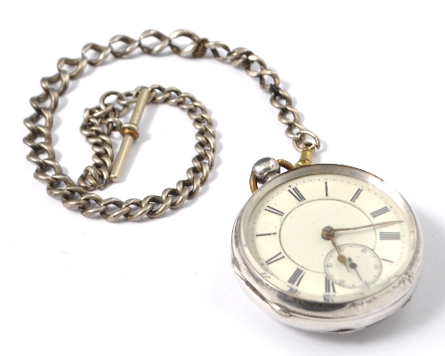 Victorian silver-cased pocket watch, cream coloured enamelled dial, key-wind lever movement, on a