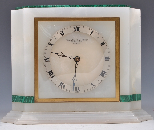 Alabaster and malachite mantel clock, silvered chapter ring, signed Goldsmith`s & Silversmith`s