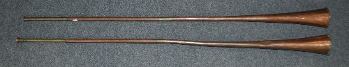 Copper hunting horn, brass ferrule, 112cms and another hunting horn, (2).
