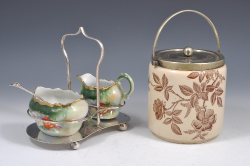 Staffordshire biscuit barrel, printed with daffodils, plate mounts, 15cms and a plated milk jug