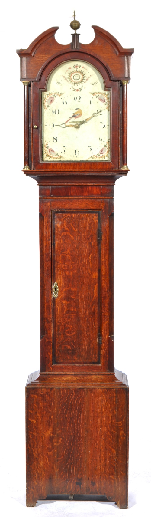 Oak and mahogany banded longcase clock, arched painted dial with a bird motif, rose and archaic