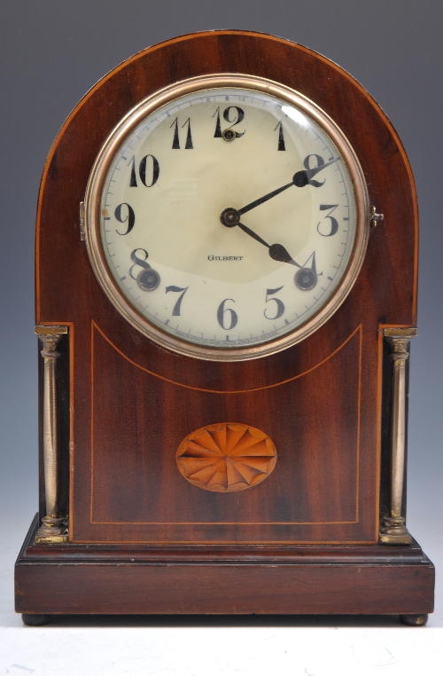 Edwardian inlaid mahogany mantel clock, ivorine dial signed "Gilbert", the movement striking on a