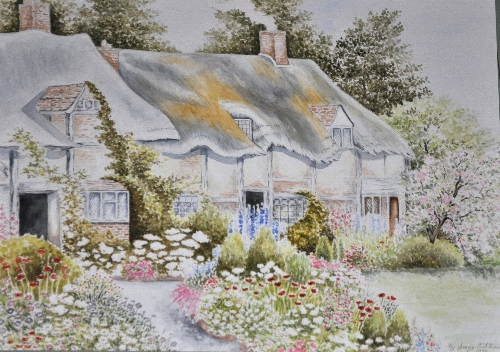 Jenny Butcher, Thatched cottage, signed and dated 1993, watercolour, 37cms x 43cms.
