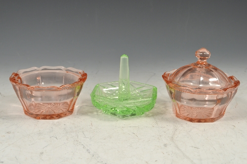 Tinted moulded glass part dressing table set, and green tinted dressing table wares.