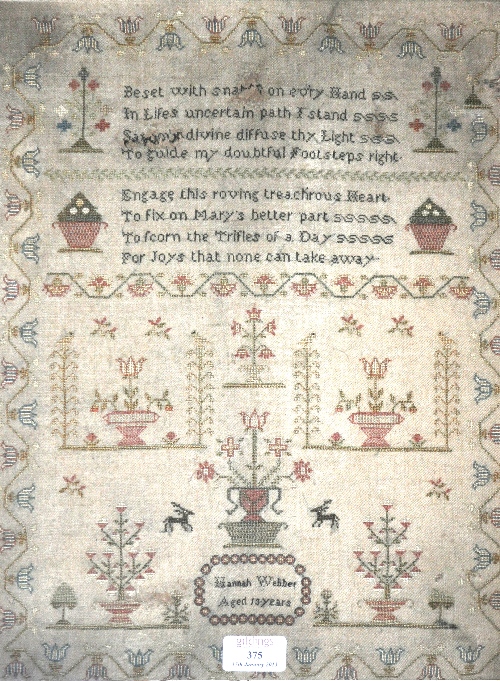 George III needlework sampler, by Hannah Webber, aged 13 years, with a text, flower vases and