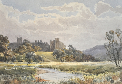 W. Boden, Landscape with a castle, signed, watercolour, 25cms x 35cms and Wildes, "Lakes"