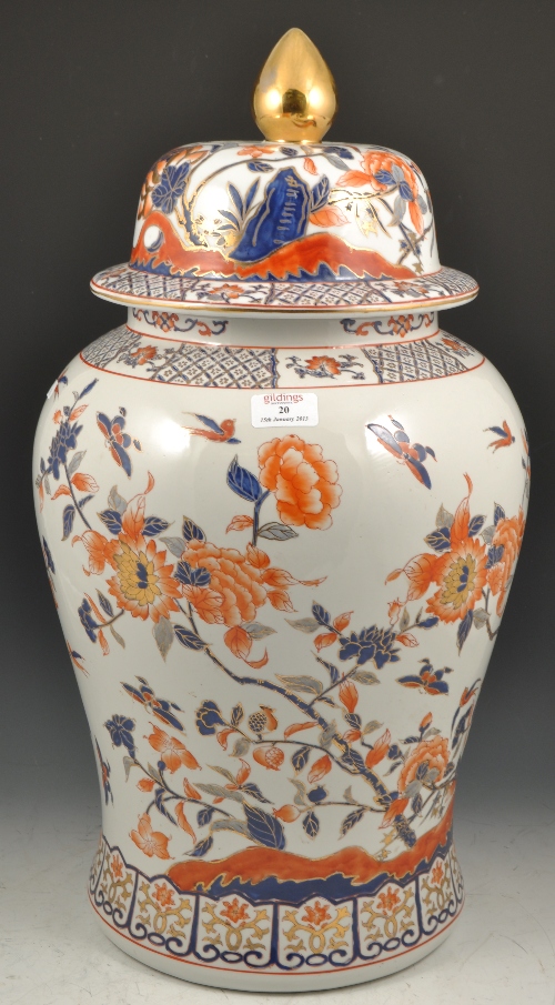 Chinese baluster shaped covered vase, floral decoration in the Imari pallette, 62cms.